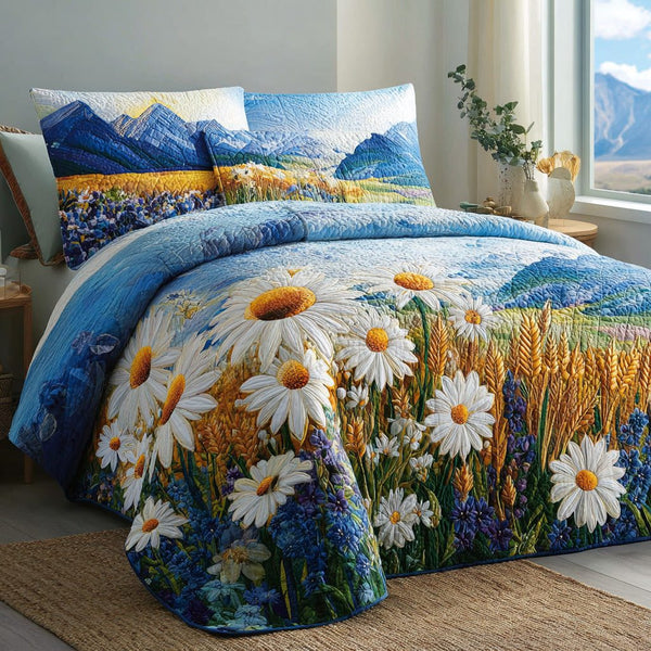 Alpine Daisies quilted 3-piece bedding set on a made bed with two matching pillow shams
