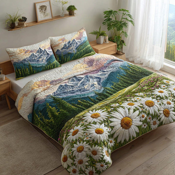 Alpine Daisy Meadow quilted 3-piece bedding set on a made bed with two matching pillow shams