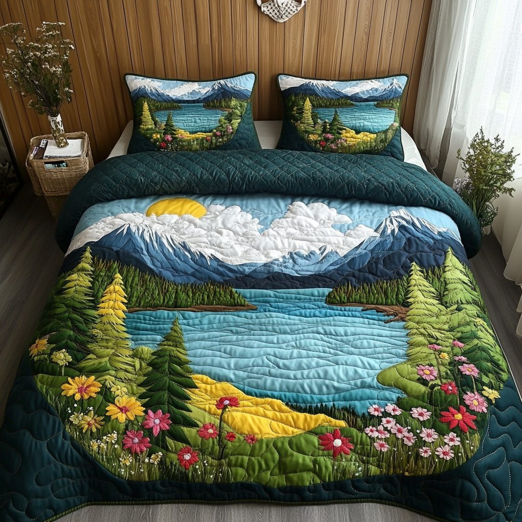 Alpine Dream quilted 3-piece bedding set on a made bed with two matching pillow shams