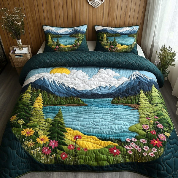 Alpine Dream quilted 3-piece bedding set on a made bed with two matching pillow shams