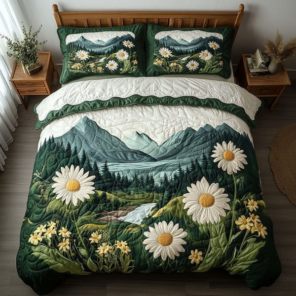 Alpine Glow quilted 3-piece bedding set on a made bed with two matching pillow shams