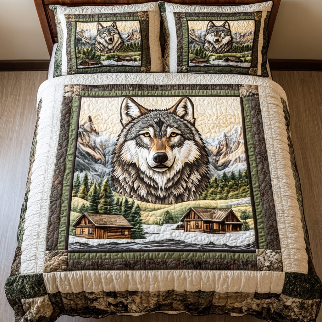 Alpine Howl quilted 3-piece bedding set on a made bed with two matching pillow shams