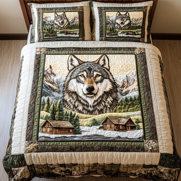 Alpine Howl quilted 3-piece bedding set on a made bed with two matching pillow shams
