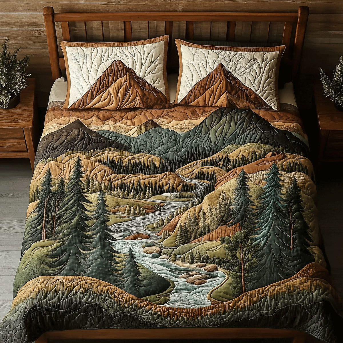 Alpine Serenity quilted 3-piece bedding set on a made bed with two matching pillow shams