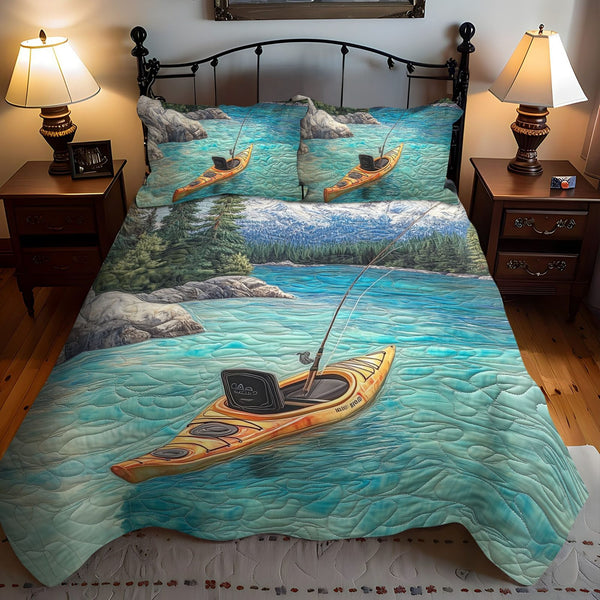 Alpine Waters quilted 3-piece bedding set on a made bed with two matching pillow shams