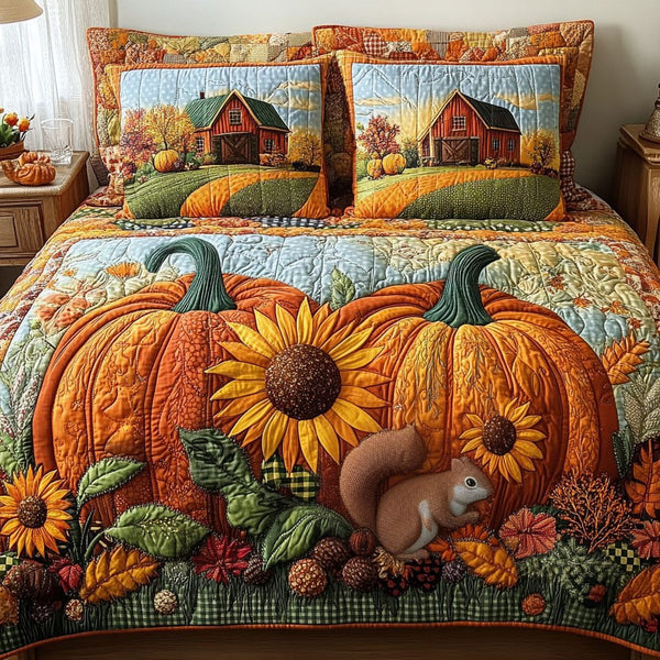 Amber Acres quilted 3-piece bedding set on a made bed with two matching pillow shams