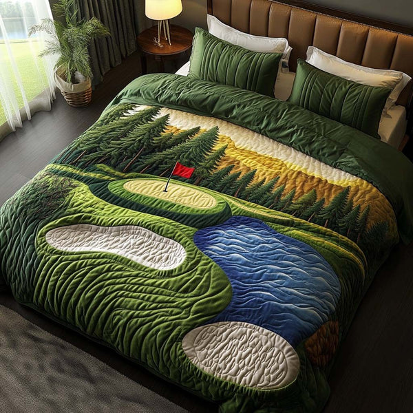 Amber Dunes Golf Course quilted 3-piece bedding set on a made bed with two matching pillow shams