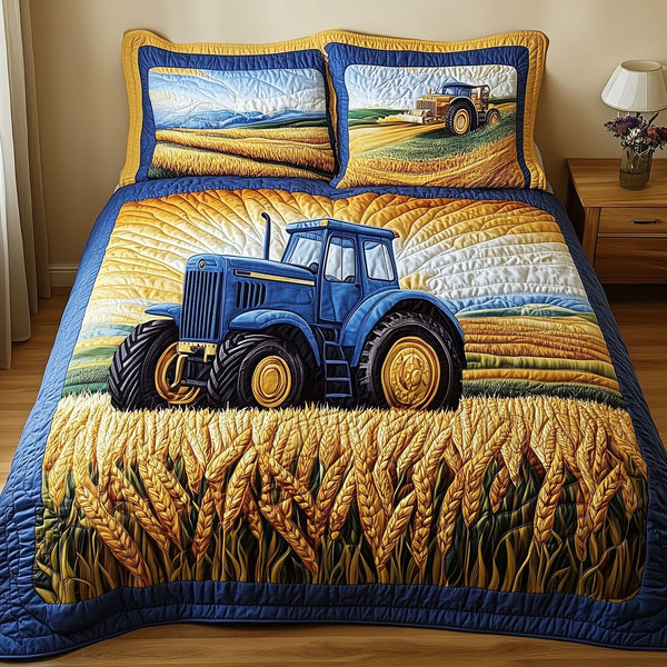 Amber Fields Tractor quilted 3-piece bedding set on a made bed with two matching pillow shams
