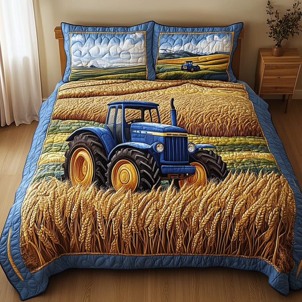 Amber Fields Tractor quilted 3-piece bedding set on a made bed with two matching pillow shams
