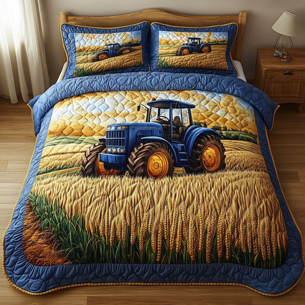Amber Fields Tractor quilted 3-piece bedding set on a made bed with two matching pillow shams