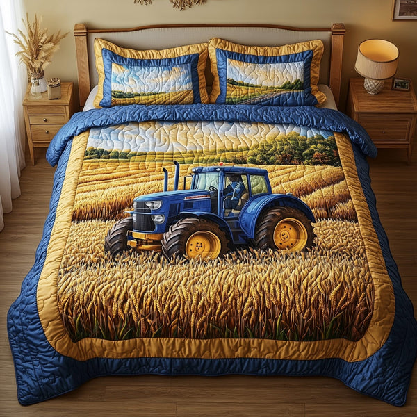 Amber Fields Tractor quilted 3-piece bedding set on a made bed with two matching pillow shams