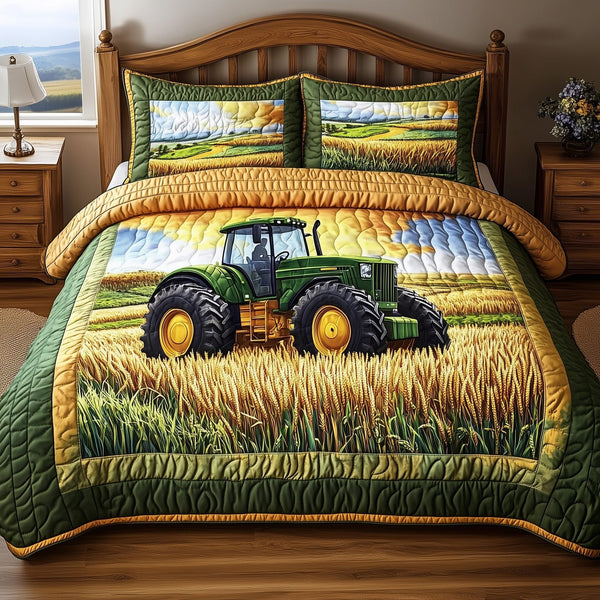 Amber Fields Tractor quilted 3-piece bedding set on a made bed with two matching pillow shams