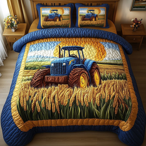 Amber Fields Tractor quilted 3-piece bedding set on a made bed with two matching pillow shams