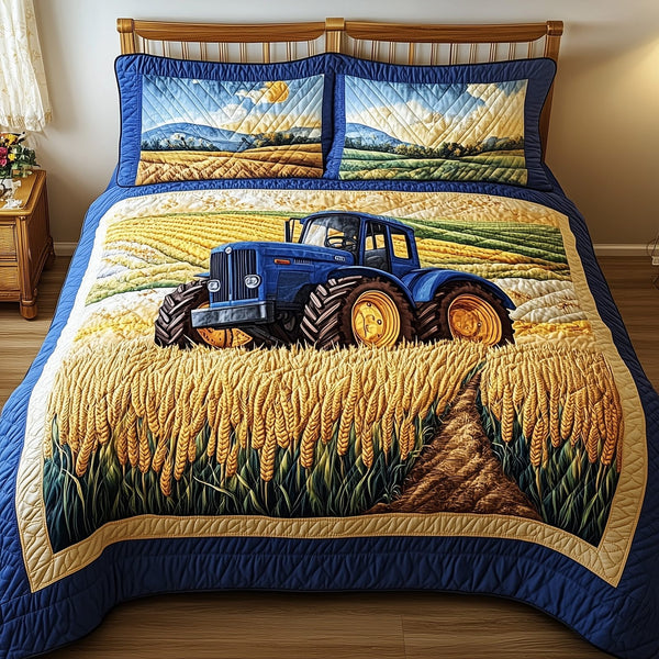 Amber Fields Tractor quilted 3-piece bedding set on a made bed with two matching pillow shams