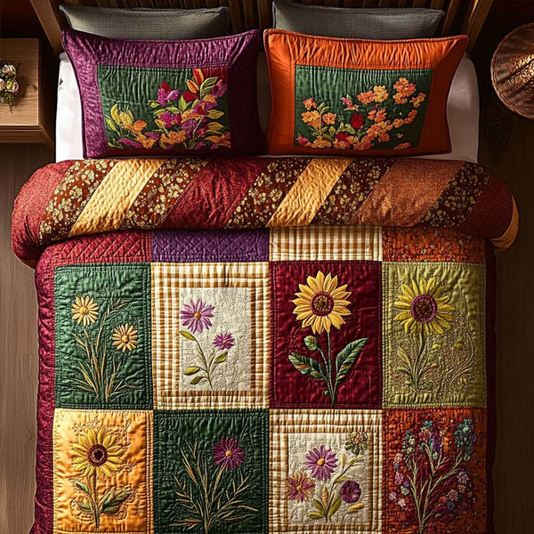 Amber Floral Whisper quilted 3-piece bedding set on a made bed with two matching pillow shams
