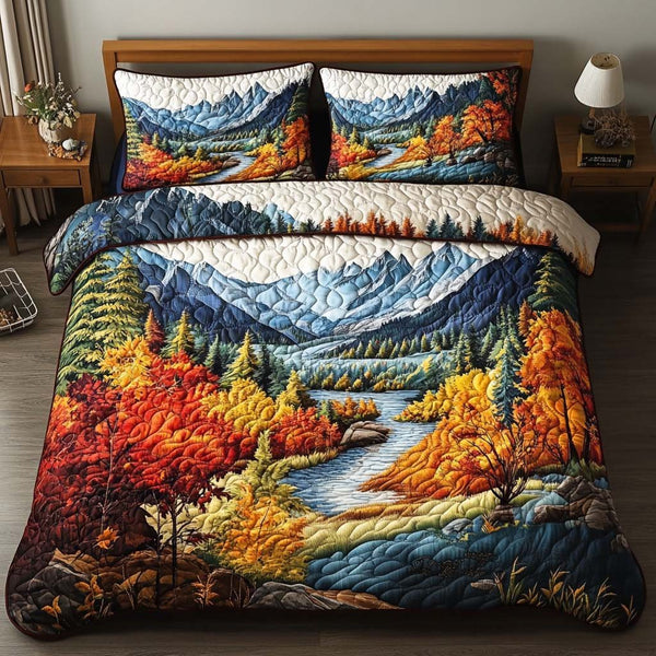 Amber Forest Path quilted 3-piece bedding set on a made bed with two matching pillow shams