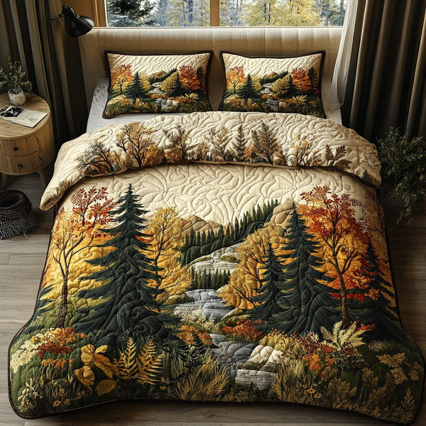 Amber Forest quilted 3-piece bedding set on a made bed with two matching pillow shams