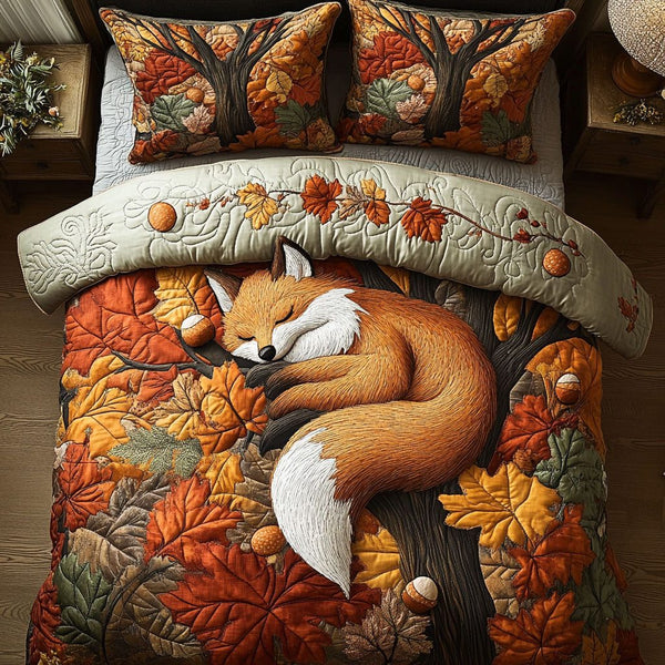 Amber Fox Glow quilted 3-piece bedding set on a made bed with two matching pillow shams