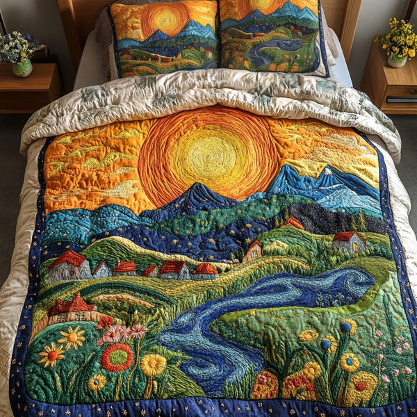 Amber Glow Hills quilted 3-piece bedding set on a made bed with two matching pillow shams