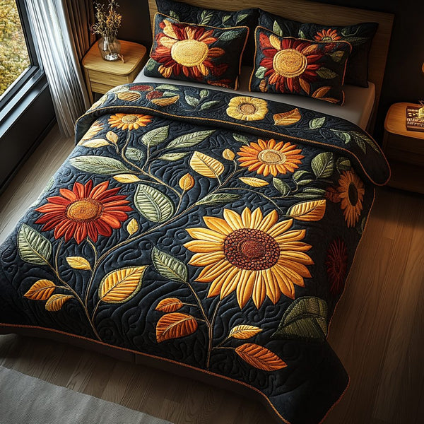 Amber Glow quilted 3-piece bedding set on a made bed with two matching pillow shams