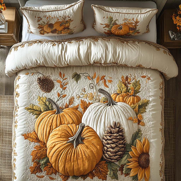 Amber Harvest Days quilted 3-piece bedding set on a made bed with two matching pillow shams