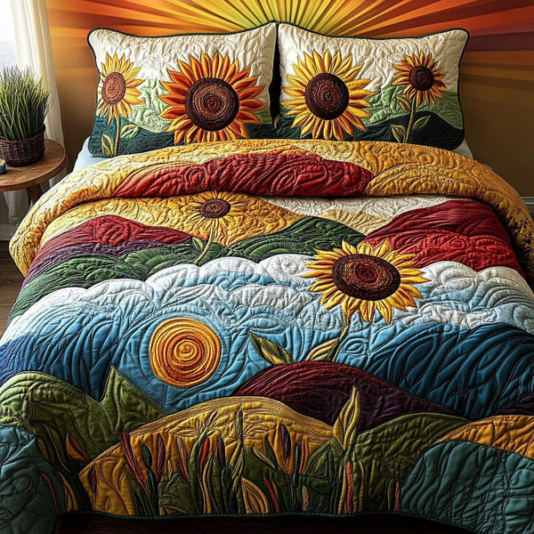 Amber Horizon Delight quilted 3-piece bedding set on a made bed with two matching pillow shams