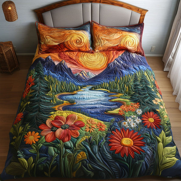 Amber-Hued Blooms quilted 3-piece bedding set on a made bed with two matching pillow shams