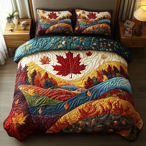 Amber Meadows quilted 3-piece bedding set on a made bed with two matching pillow shams