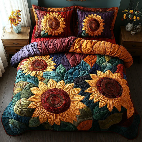 Amber Petals quilted 3-piece bedding set on a made bed with two matching pillow shams