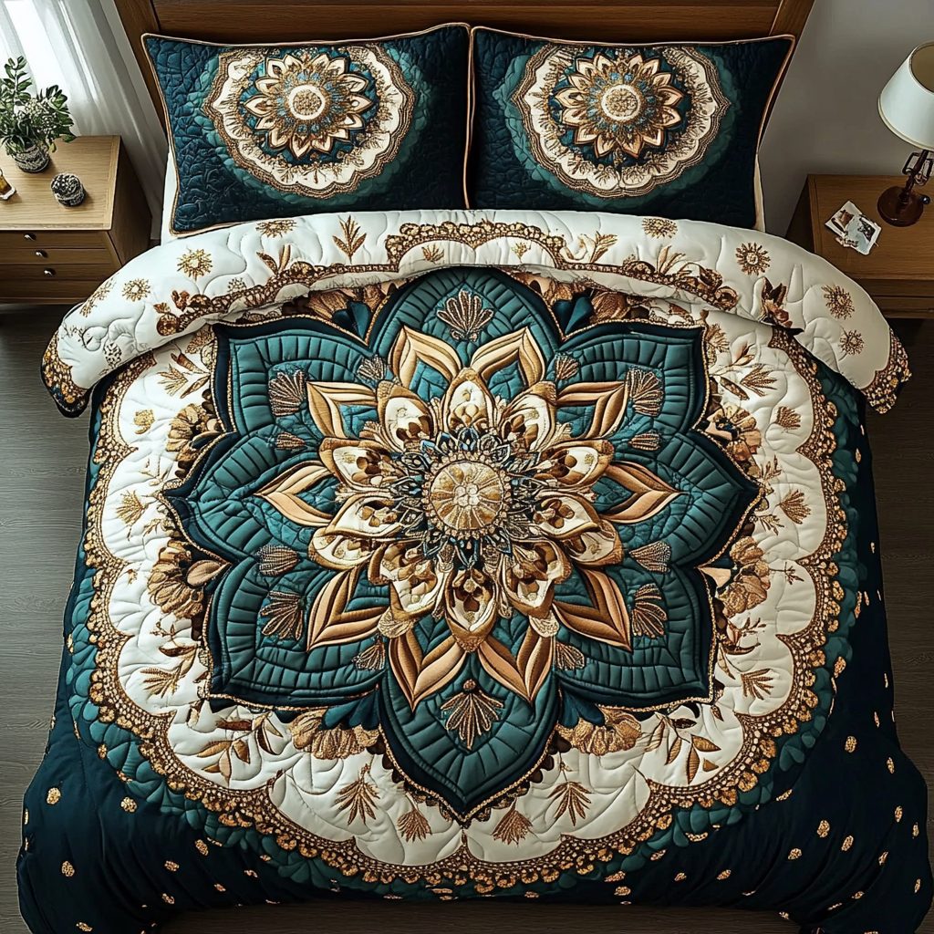 Amber Serenity quilted 3-piece bedding set on a made bed with two matching pillow shams