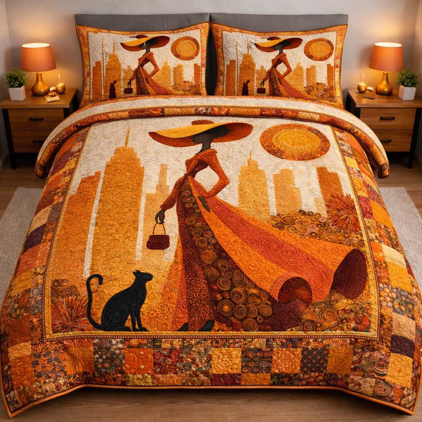Amber Skyline Diva quilted 3-piece bedding set on a made bed with two matching pillow shams