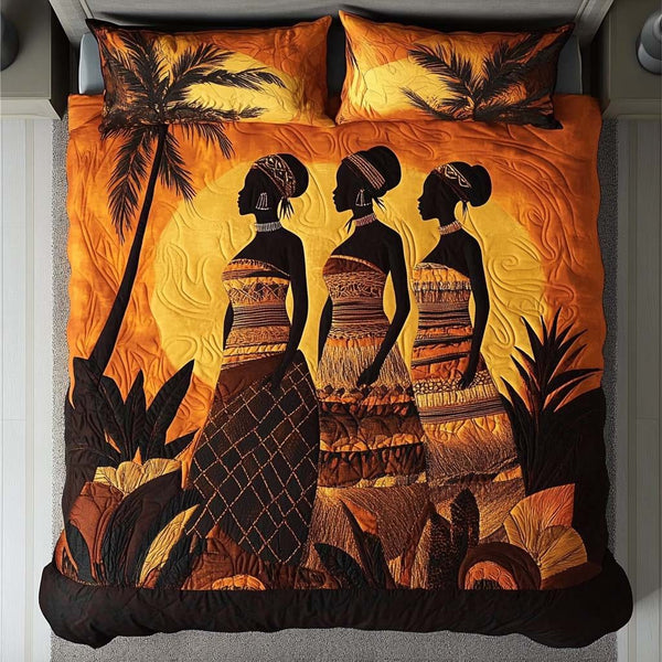 Amber Sunset Queens quilted 3-piece bedding set on a made bed with two matching pillow shams