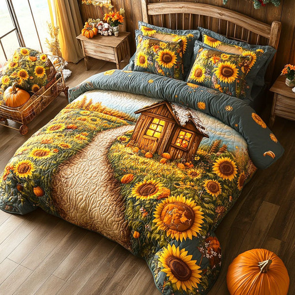Amber Trail quilted 3-piece bedding set on a made bed with two matching pillow shams