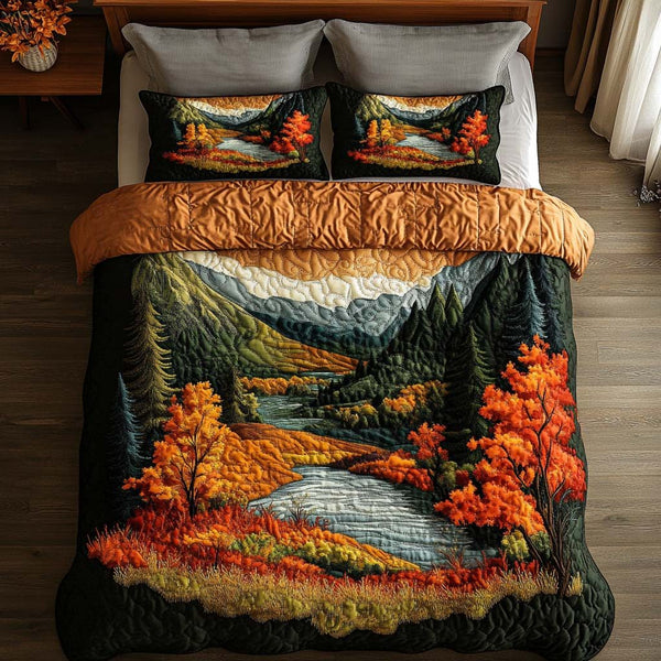 Amber Woods quilted 3-piece bedding set on a made bed with two matching pillow shams