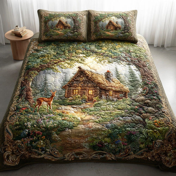 Amberleaf Woodland Retreat quilted 3-piece bedding set on a made bed with two matching pillow shams