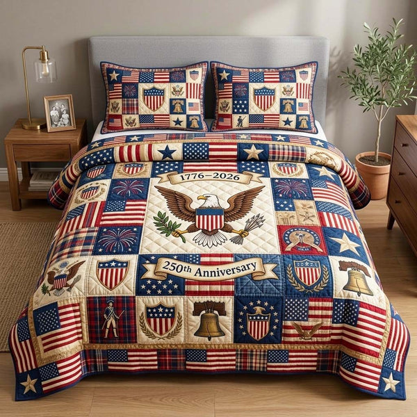 America 250th Anniversary quilted 3-piece bedding set on a made bed in a warmly lit bedroom