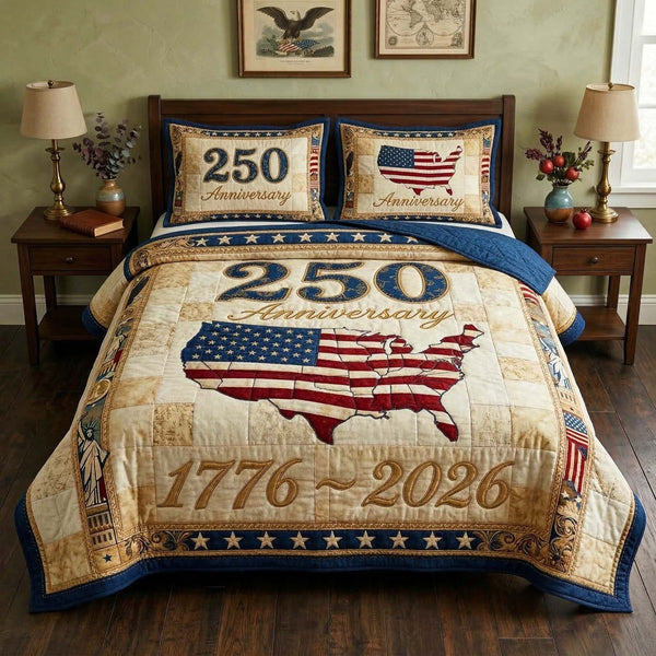 America Anniversary quilted 3-piece bedding set on a made bed in a warmly lit bedroom