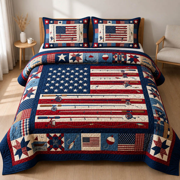 America Fishing Rode quilted 3-piece bedding set on a made bed in a warmly lit bedroom