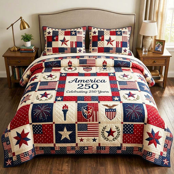 America Heritage quilted 3-piece bedding set on a made bed in a warmly lit bedroom