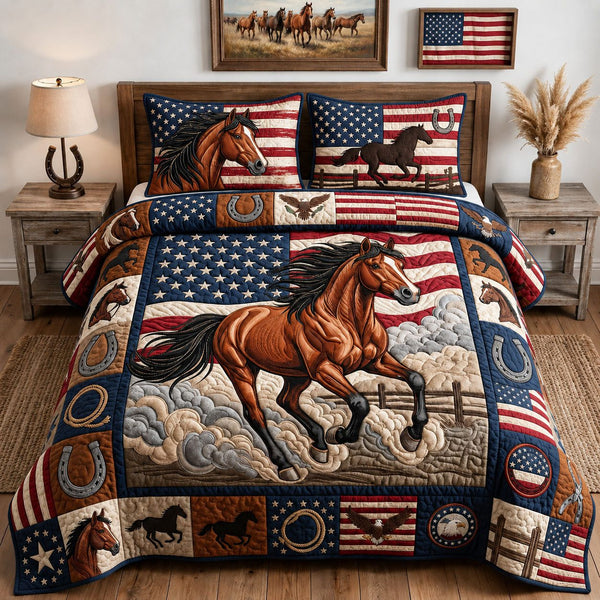 America Horse quilted 3-piece bedding set on a made bed in a warmly lit bedroom