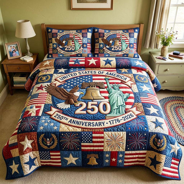 America Map quilted 3-piece bedding set on a made bed in a warmly lit bedroom