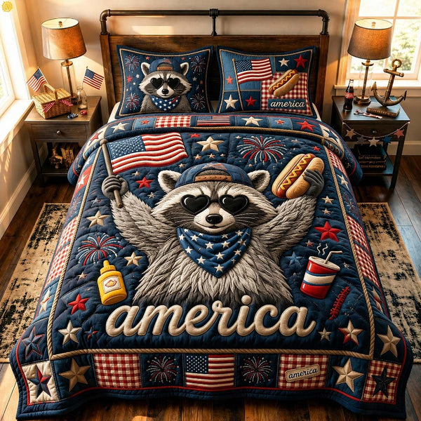 America Raccoon Party quilted 3-piece bedding set on a made bed in a warmly lit bedroom