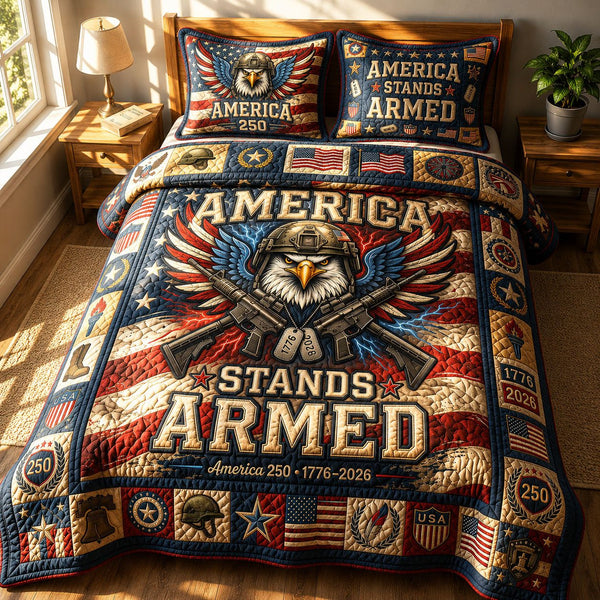 America Stands Armed quilted 3-piece bedding set on a made bed in a warmly lit bedroom