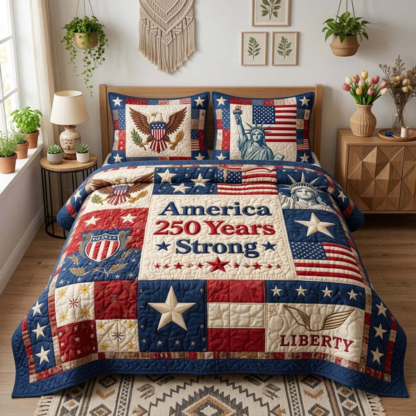 America Strong quilted 3-piece bedding set on a made bed in a warmly lit bedroom