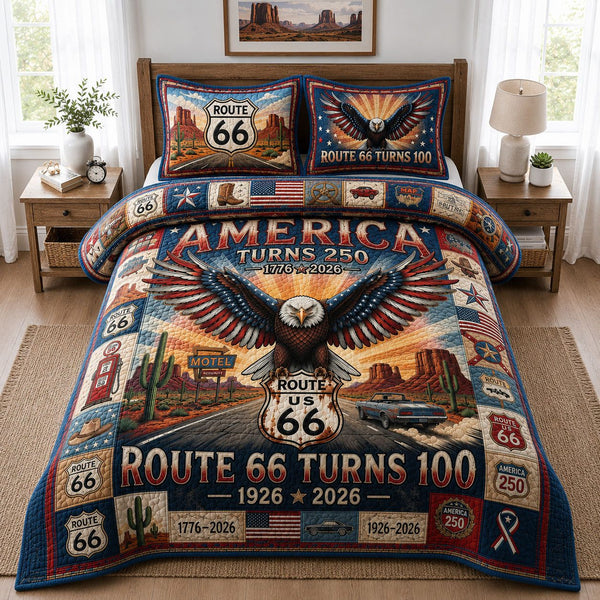 America Turns 250 quilted 3-piece bedding set on a made bed in a warmly lit bedroom