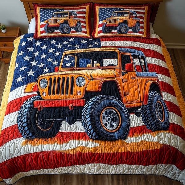 American Adventure quilted 3-piece bedding set on a made bed in a winter-styled bedroom