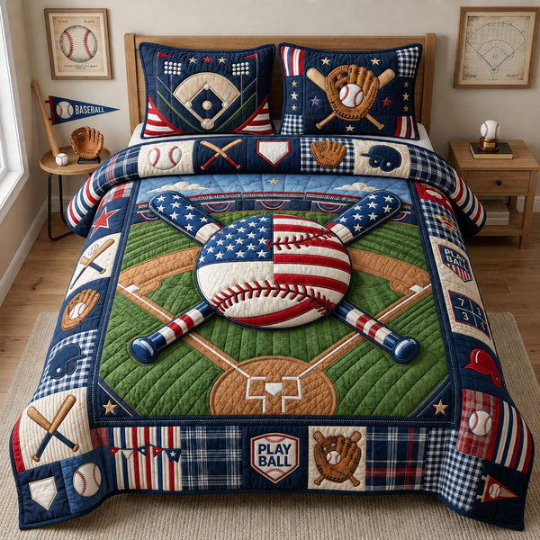 American Baseball quilted 3-piece bedding set on a made bed in a warmly lit bedroom