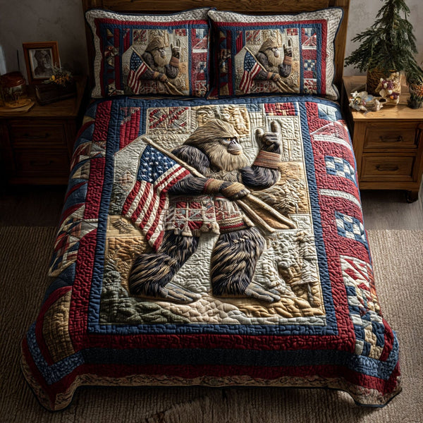 American Bigfoot quilted 3-piece bedding set on a made bed in a warmly lit bedroom