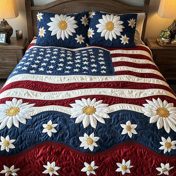 American Blooms quilted 3-piece bedding set on a made bed in a warmly lit bedroom