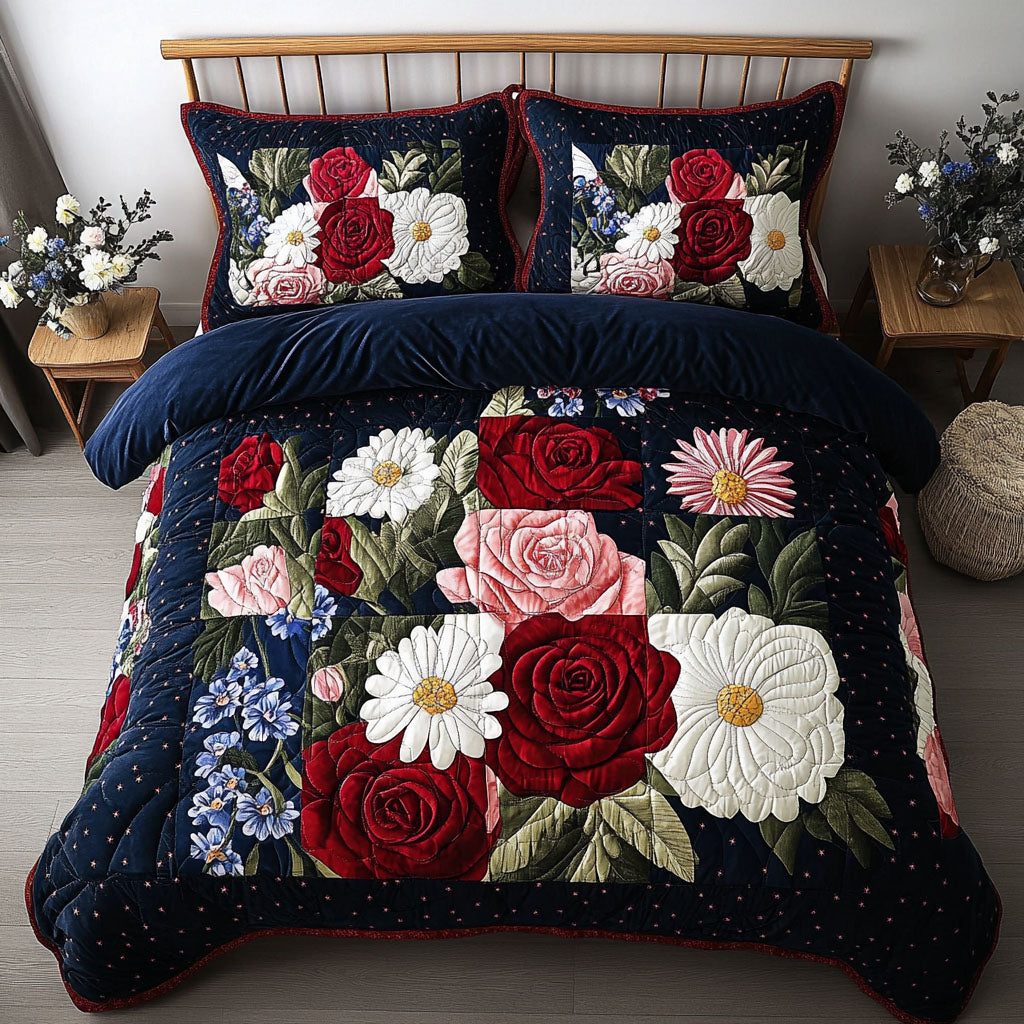 American Blossom Patch quilted 3-piece bedding set on a made bed in a warmly lit bedroom